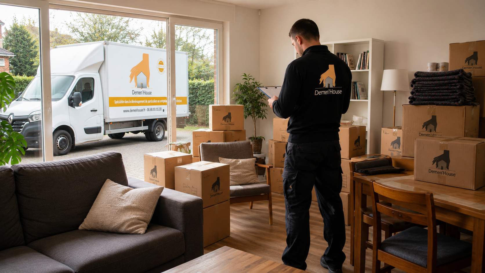 Mobilier et cartons regroupés dans un salon avant un déménagement afin d'estimer le volume total à transporter.