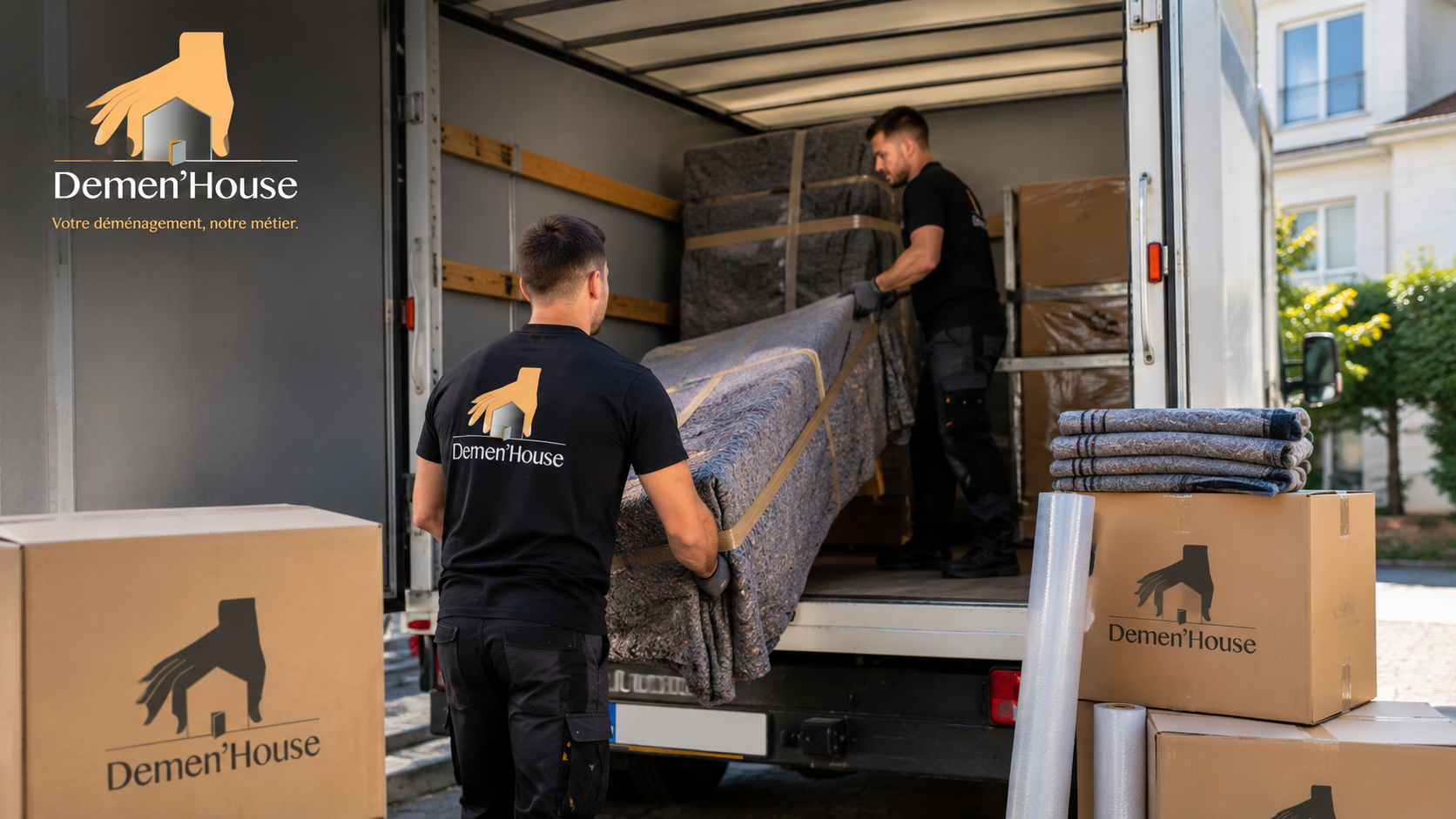 Deux déménageurs professionnels chargent un meuble protégé dans un camion de déménagement avec des cartons et des couvertures de protection.
