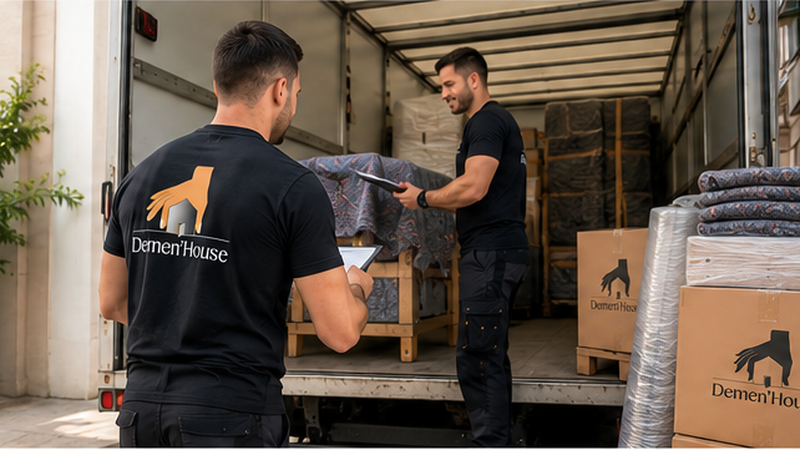 Deux déménageurs professionnels échangent devant un camion de déménagement avant le début d'une intervention afin de préparer l'organisation du chantier.