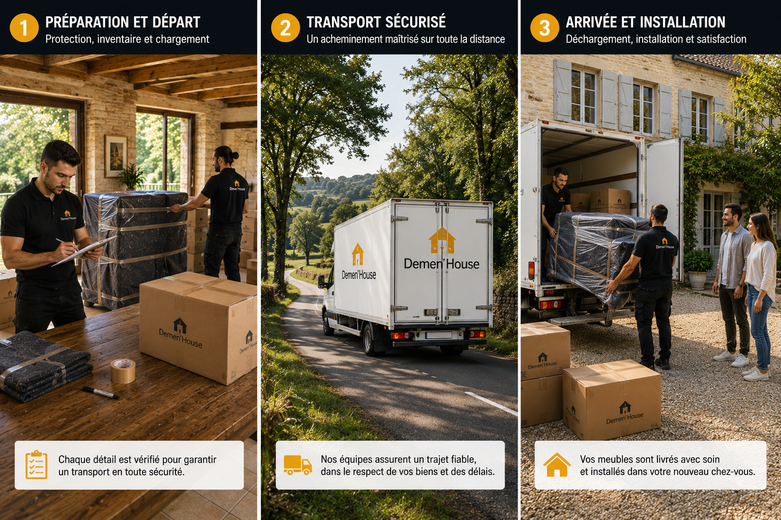 Un camion de déménagement chargé quitte une maison pendant qu'une équipe vérifie une dernière fois le mobilier et les cartons avant un trajet de plusieurs centaines de kilomètres.