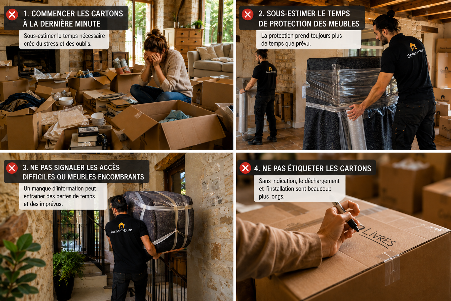 Un chef d'équipe de déménagement échange avec un client devant des cartons encore ouverts pendant que l'équipe poursuit l'organisation du chargement.