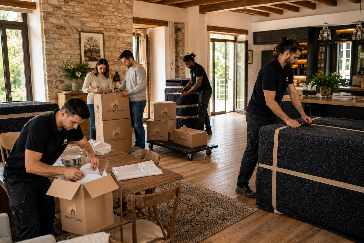 Une équipe de déménageurs professionnels emballe de la vaisselle tandis qu'un client prépare ses derniers cartons dans une maison soigneusement décorée.