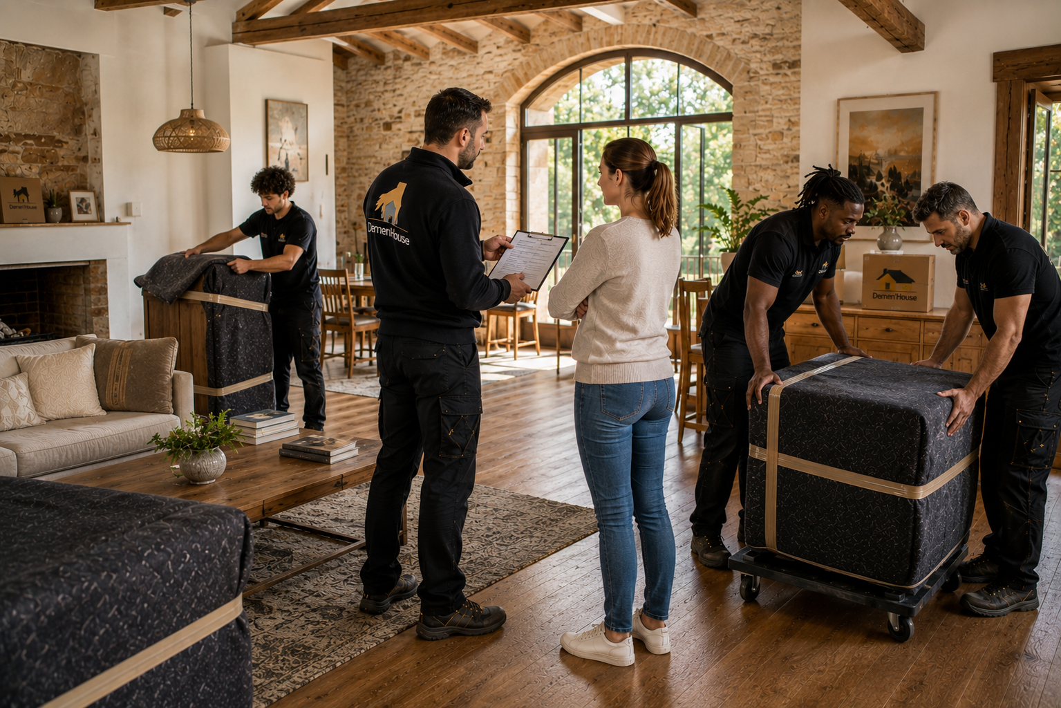 Une équipe de déménageurs professionnels prépare et protège le mobilier pendant qu'un chef d'équipe échange avec le client avant le début du chargement.