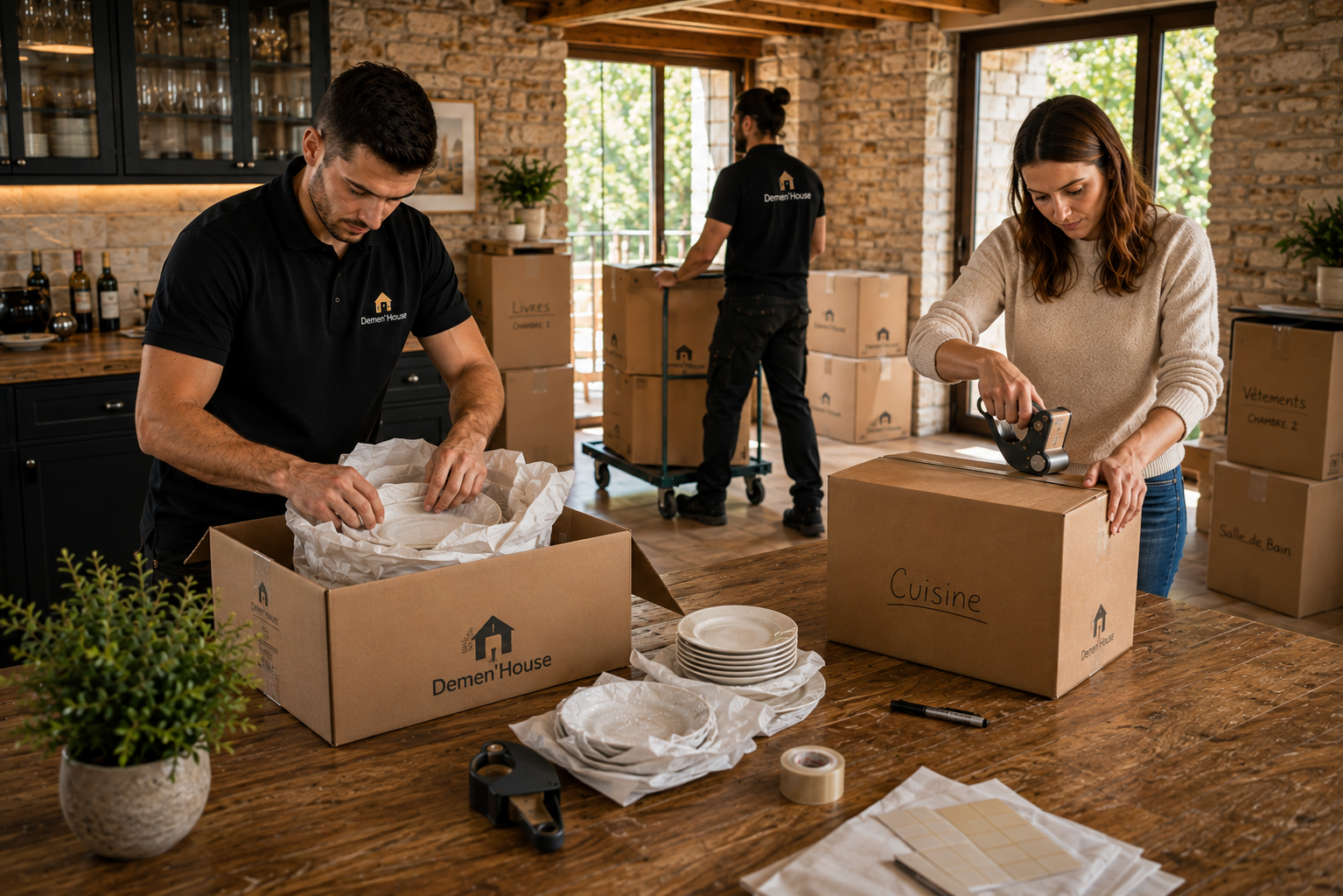 Un déménageur professionnel emballe soigneusement de la vaisselle dans un carton pendant qu'un client ferme et étiquette ses cartons dans une maison chaleureuse.